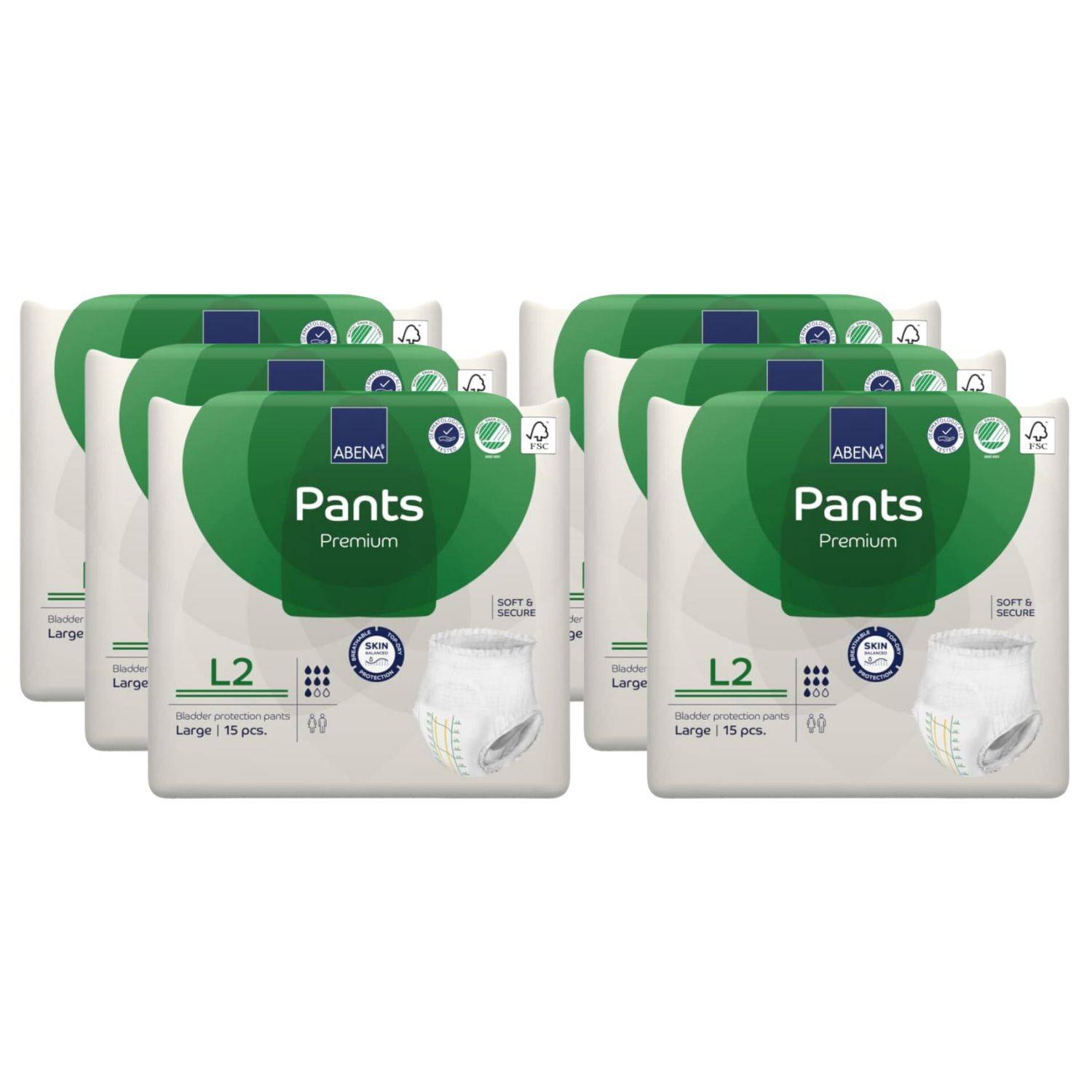 Mehrere Packungen Abena Pants Premium L2. Verpackung mit grünem Design, Produktabbildung und Produktbezeichnung. FSC-Zertifizierung.