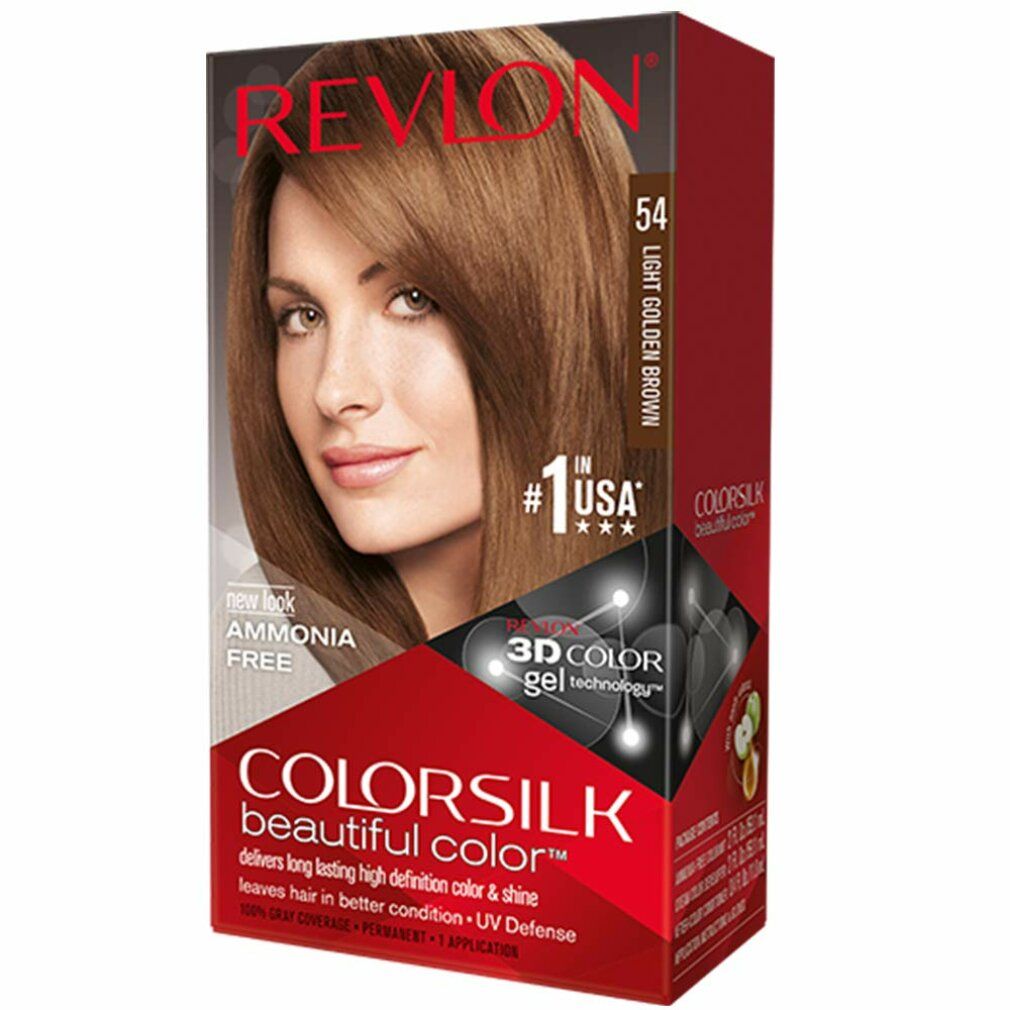 Revlon Colorsilk 54 Light Golden Brown. Verpackung mit Frau mit hellbraunem Haar. Text: Ammonia Free, 3D Color Gel, #1 USA.