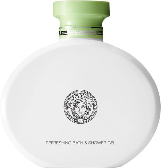 Weißer, ovaler Flakon mit grünem Verschluss. Unten steht "Refreshing Bath & Shower Gel". Das Versace-Logo ist mittig platziert.
