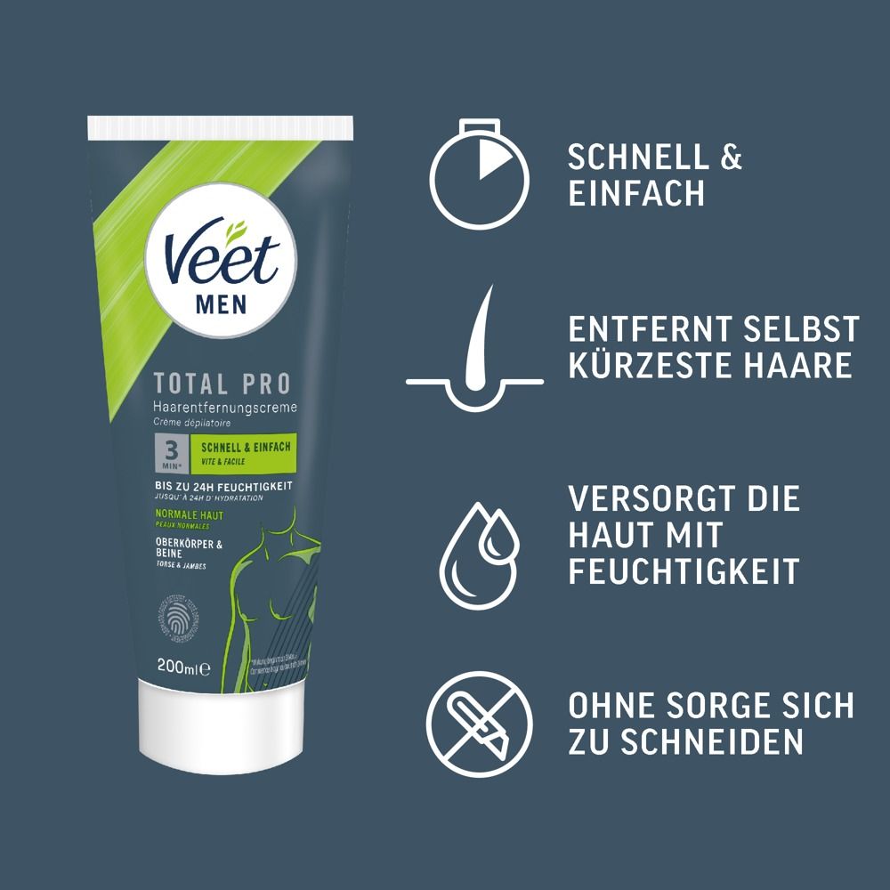 Veet for Men Total Pro Tube mit Icons für Schnelligkeit, Haarentfernung, Feuchtigkeit und Sicherheit.