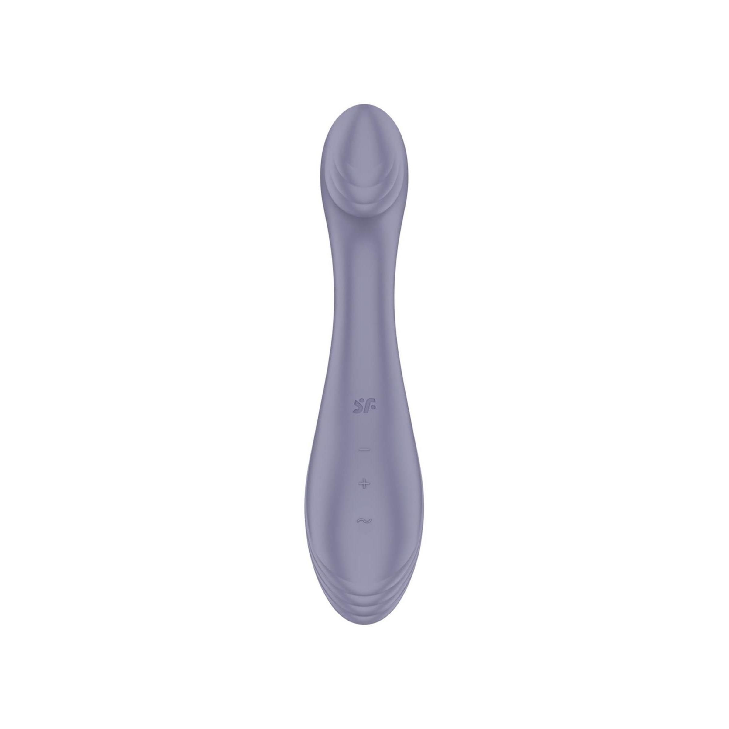 Lila G-Punkt Vibrator. Ergonomische Form mit abgerundeten Enden. Drei Knöpfe und Logo auf dem Griff. Glatte Oberfläche.