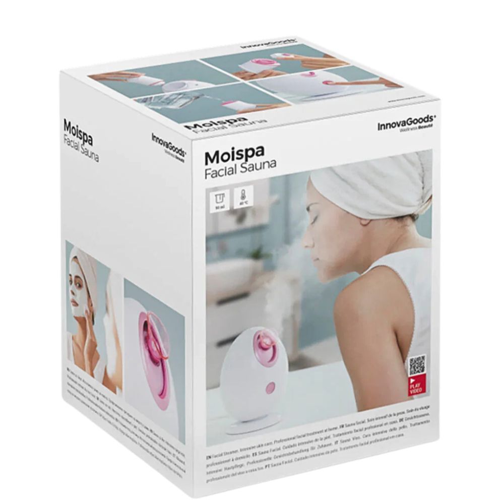 Weiße Produktverpackung mit Produktabbildungen und Text. Aufschrift: Moispa Facial Sauna. Marke: InnovaGoods.