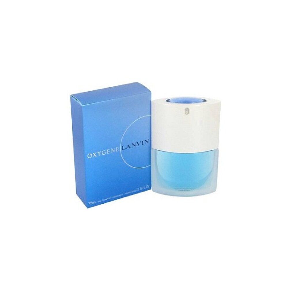 Hellblaues Parfüm in quadratischer Flasche mit weißem Deckel und blauer Verpackung. Auf der Verpackung steht "Oxygene Lanvin".