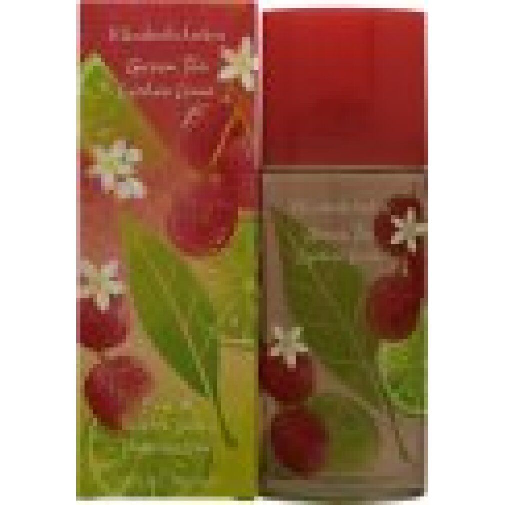 Produktverpackung und Flakon. Verpackung mit roten Früchten, grünen Blättern und weißer Blüte. Flakon mit rotem Deckel und ähnlichem Design.