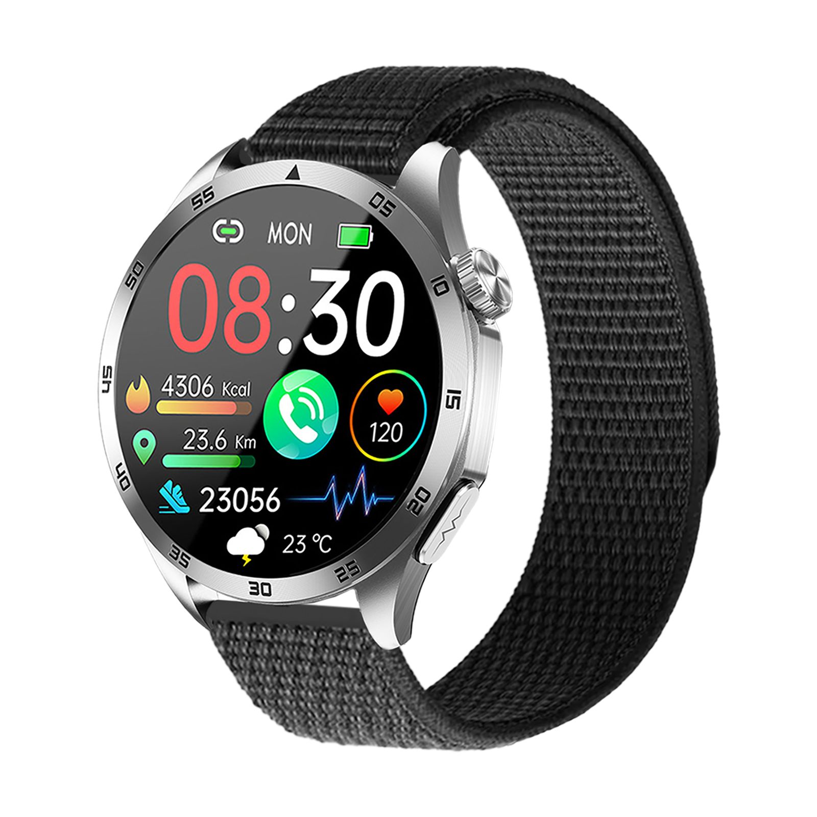 Smartwatch mit silbernem Gehäuse und schwarzem Textilarmband. Zeigt Uhrzeit, Datum, Kalorien, Distanz und Herzfrequenz an.