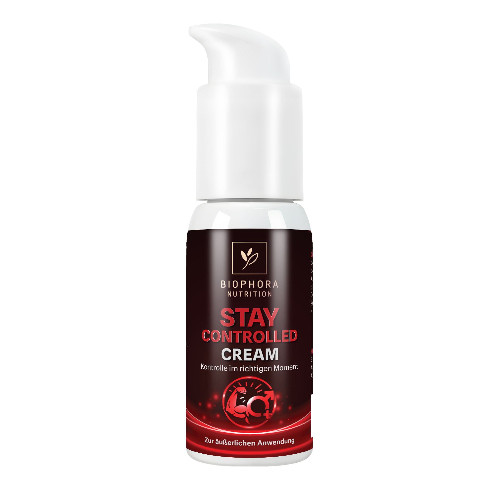 Creme-Flasche mit Pumpe. Produktname: Stay Controlled Cream. Roter Aufkleber mit Logo und Text.