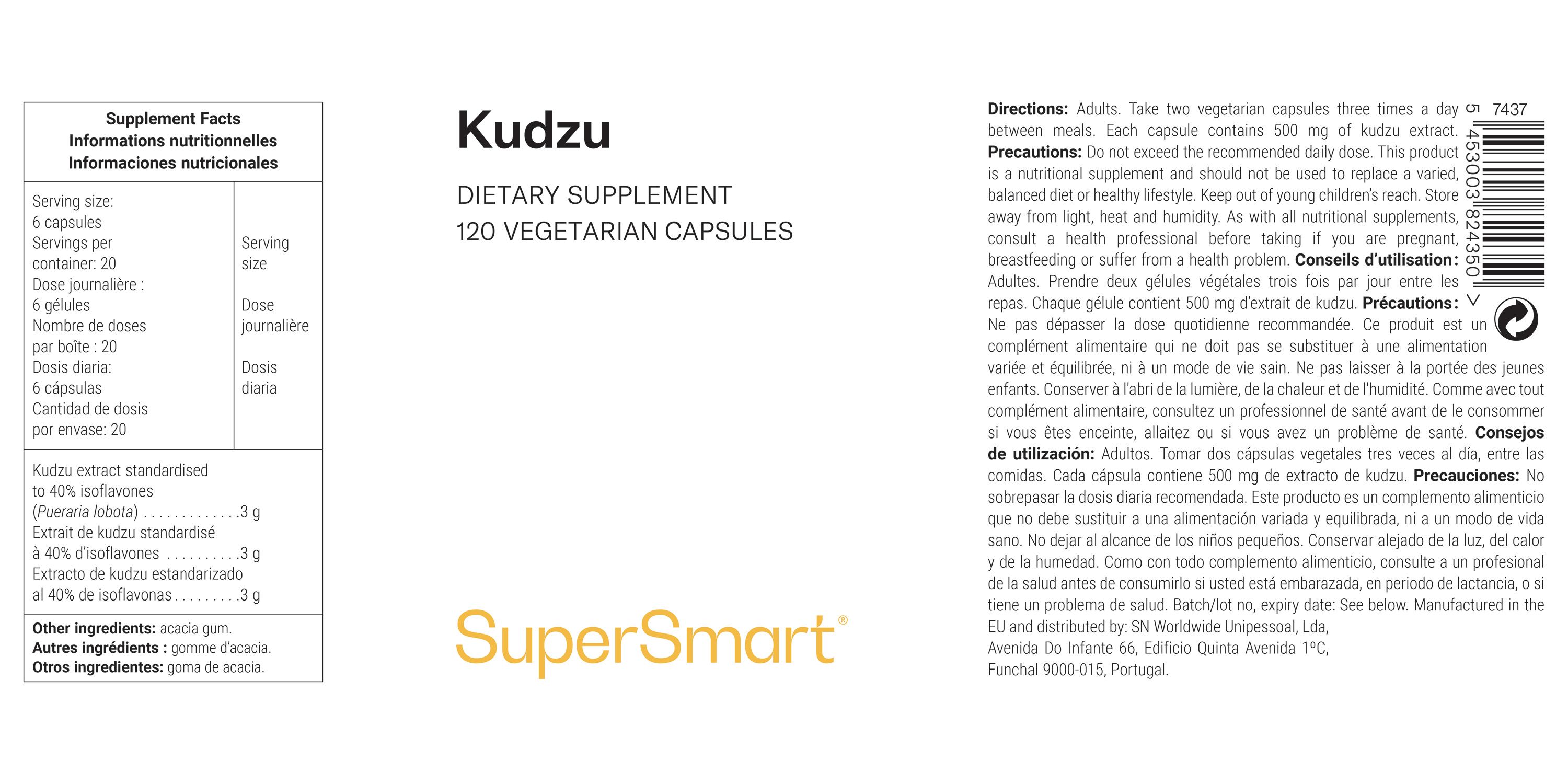 Kudzu-Nahrungsergänzungsmittel. 120 vegetarische Kapseln. SuperSmart-Logo. Text mit Nährwertinformationen und Gebrauchsanweisung.