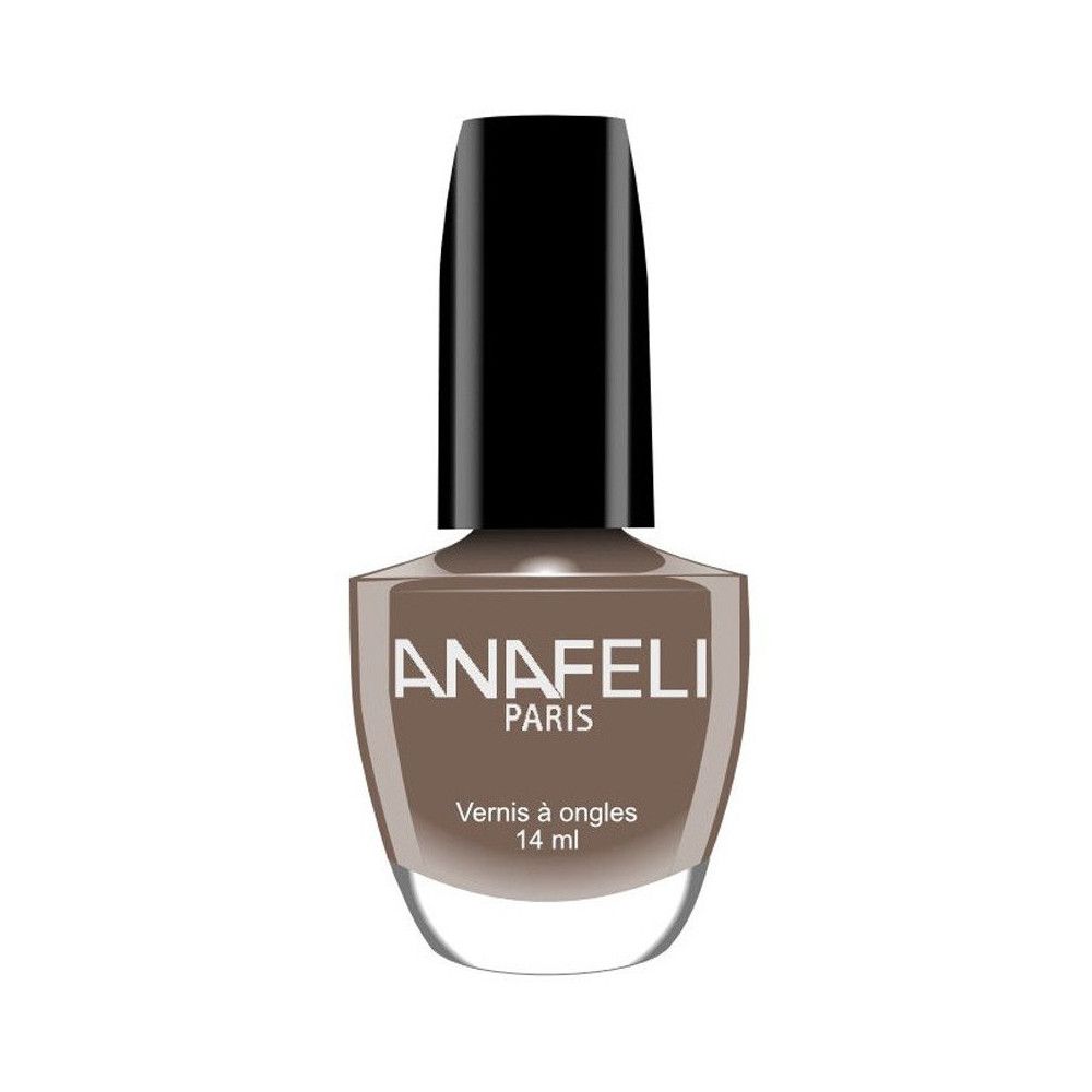 Nagellackflasche mit brauner Farbe und schwarzem Deckel. Aufschrift: ANAFELI PARIS, Vernis à ongles, 14 ml.