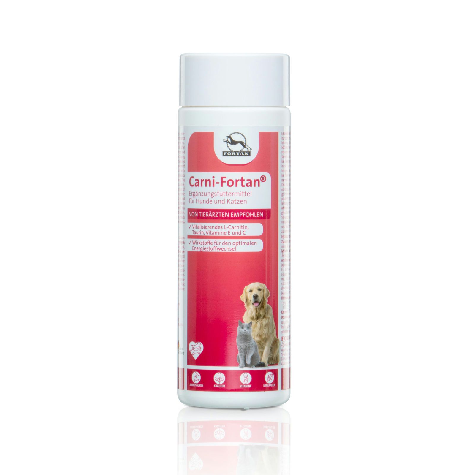 Ergänzungsfutter für Hunde und Katzen. Weiße Flasche mit rotem Etikett. Produktname und Logo sichtbar. Abbildung von Hund und Katze.
