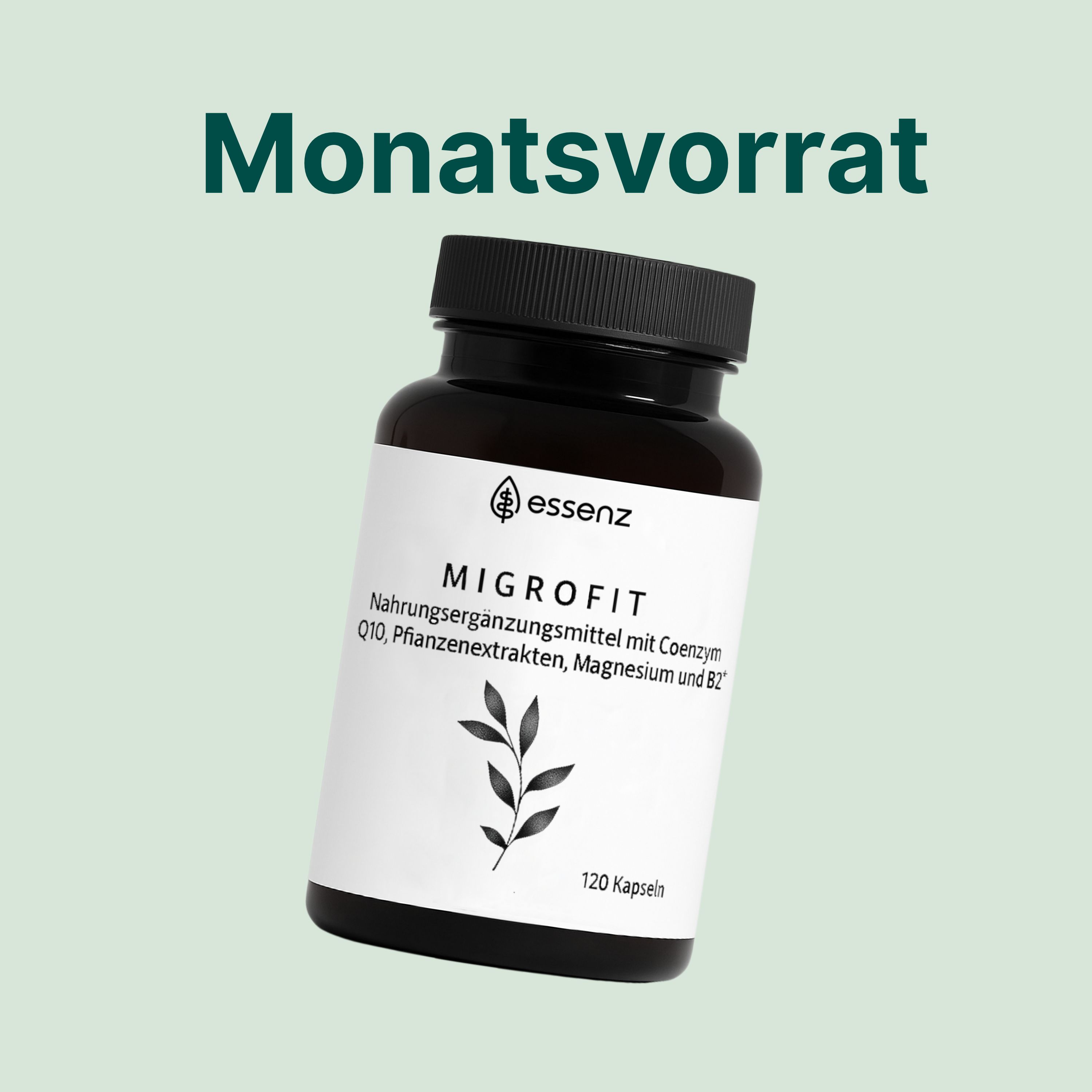 Eine dunkle Glasflasche mit weißem Etikett, darauf ein Blattmotiv und Produktinformationen. Der Text 'Monatsvorrat' steht darüber.