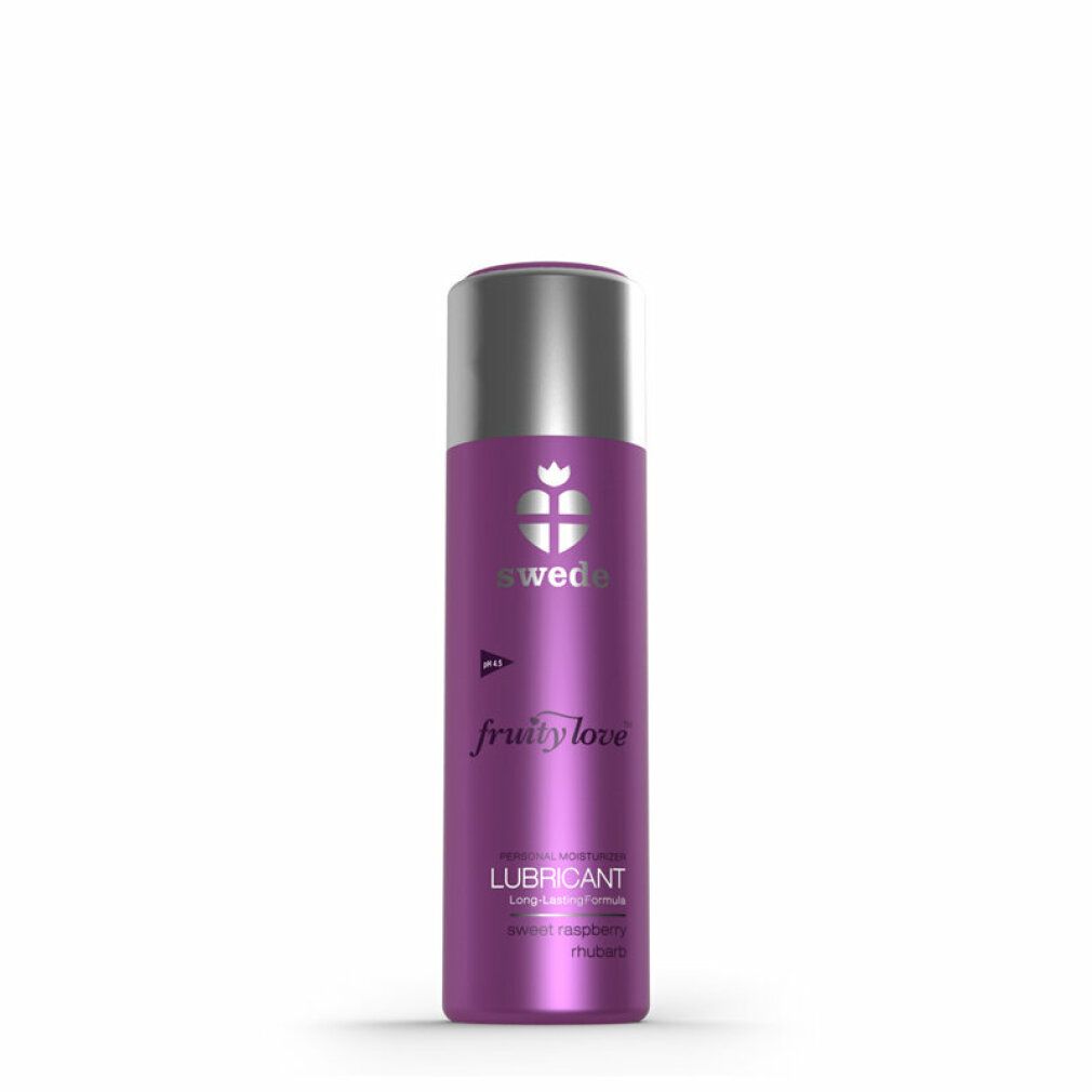 Lila Flasche mit silbernem Deckel. Aufschrift: swede, fruity love, LUBRICANT. Text: sweet raspberry rhubarb.