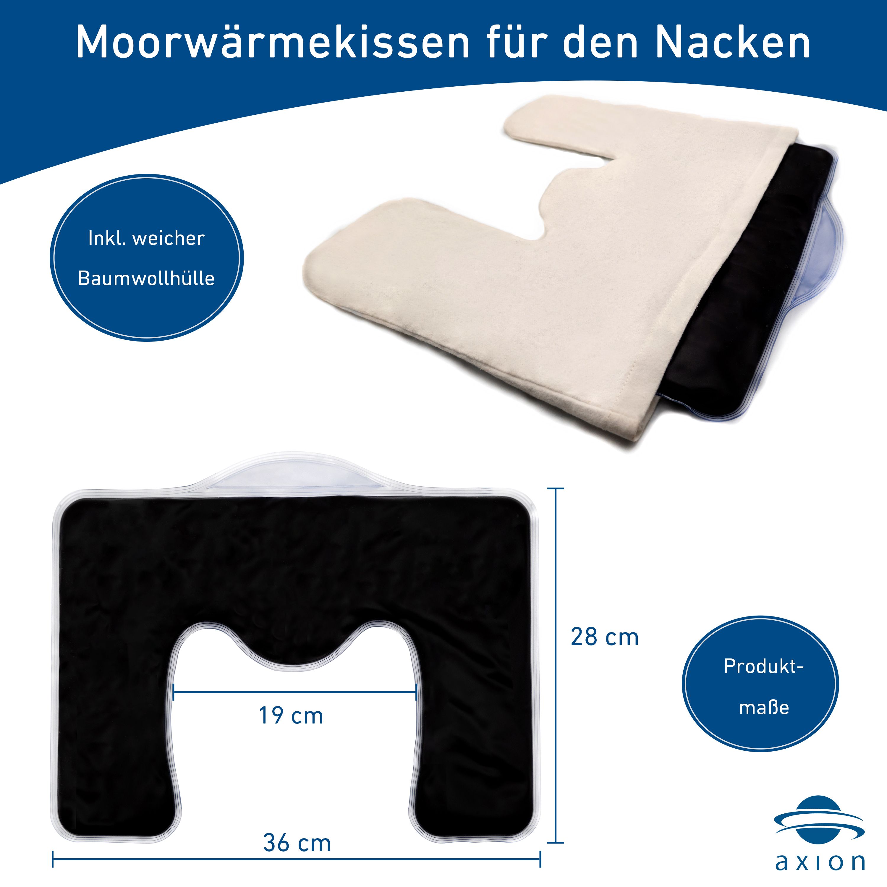 Nacken-Wärmekissen mit Baumwollhülle. Schwarze Füllung. Maße: 36x28x19 cm. axion®-Logo. Produktmaße.