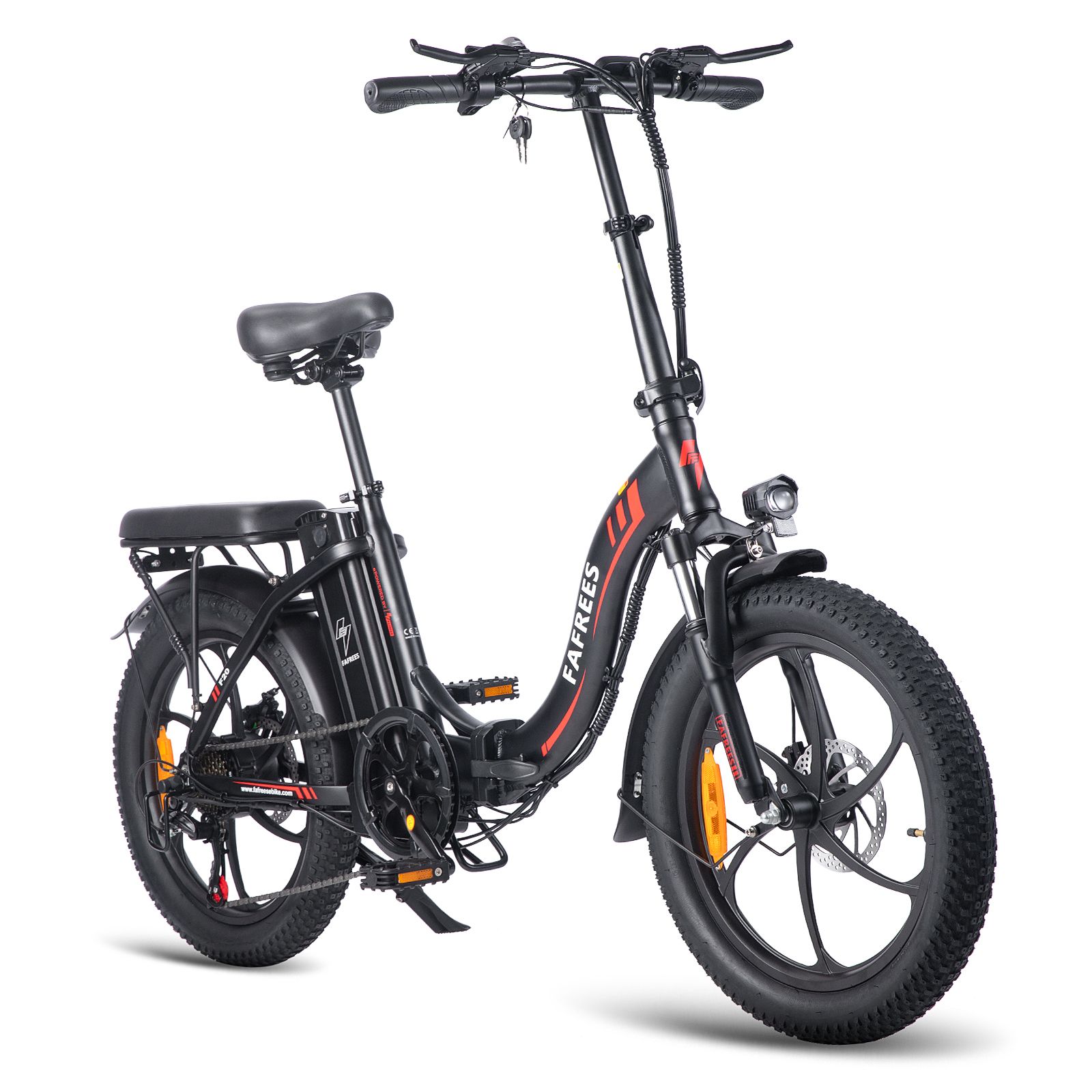 Schwarzes Falt-E-Bike FAFREES F20. Sichtbar: Sattel, Gepäckträger, Schutzbleche, Scheibenbremsen, Beleuchtung. Rote Akzente.