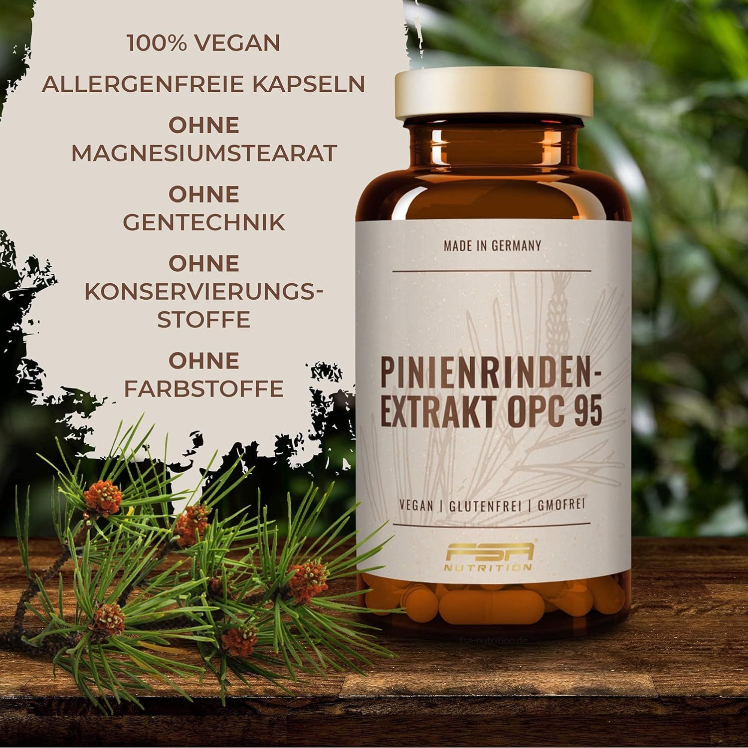 Braune Flasche mit Kapseln. Etikett mit "PINIENRINDEN-EXTRAKT OPC 95", "VEGAN", "GLUTENFREI", "GMOFREI" und "FSA NUTRITION". Text: "100% VEGAN", "ALLERGENFREIE KAPSELN".