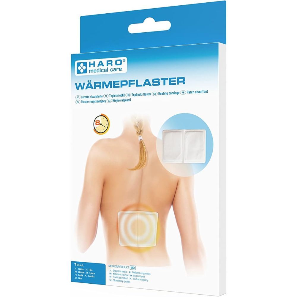 Verpakking met Haro Wärmepflaster. Productafbeelding op de verpakking. Opdruk: Haro Medical Care, Wärmepflaster. Gebruiksaanwijzing.