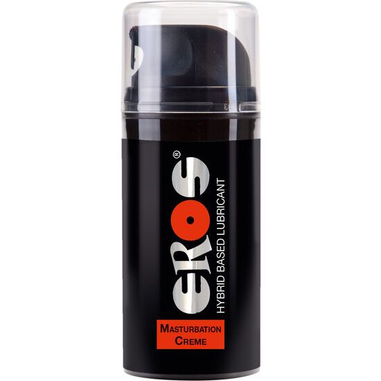 Schwarze Flasche mit transparentem Deckel. Aufschrift "Eros" und "Masturbation Creme".