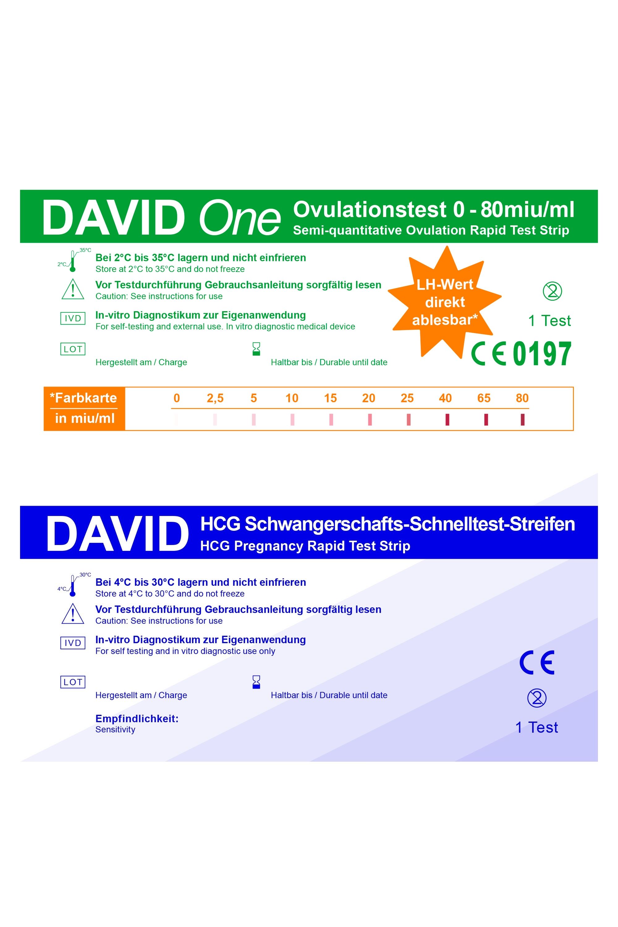Zwei Teststreifen. Oben: DAVID One Ovulationstest, 0-80miu/ml. Unten: DAVID HCG Schwangerschafts-Schnelltest-Streifen. Beide mit CE-Kennzeichnung.