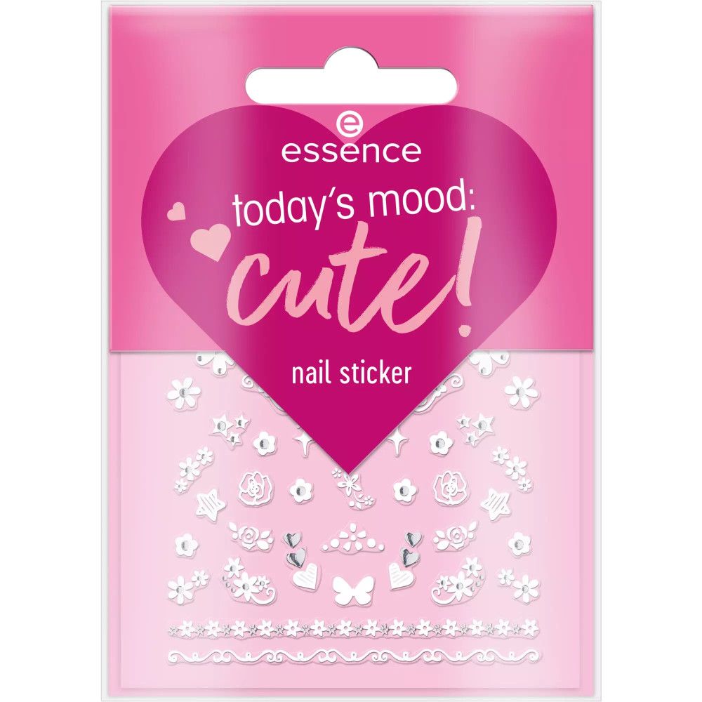 Nagelsticker-Packung mit weißen floralen Designs und Schriftzug "cute!". Marke: Essence. Rosa Verpackung.