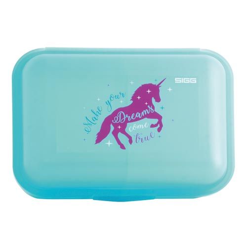 Türkis Lunchbox mit Einhorn-Motiv und Schriftzug. Marke SIGG.