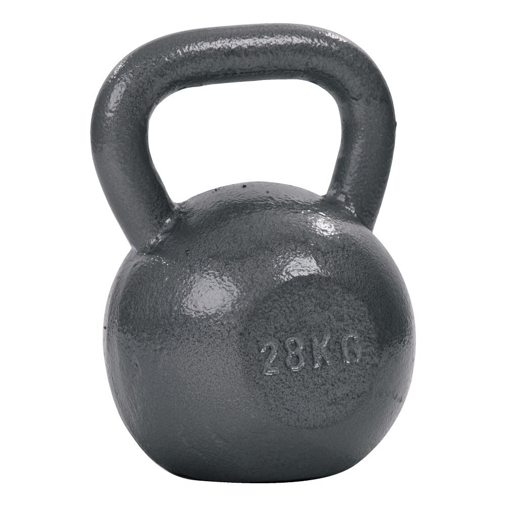 Graue Kettlebell. Metall, mit Henkel. Gewicht: 28 kg. Aufschrift: 28 KG.