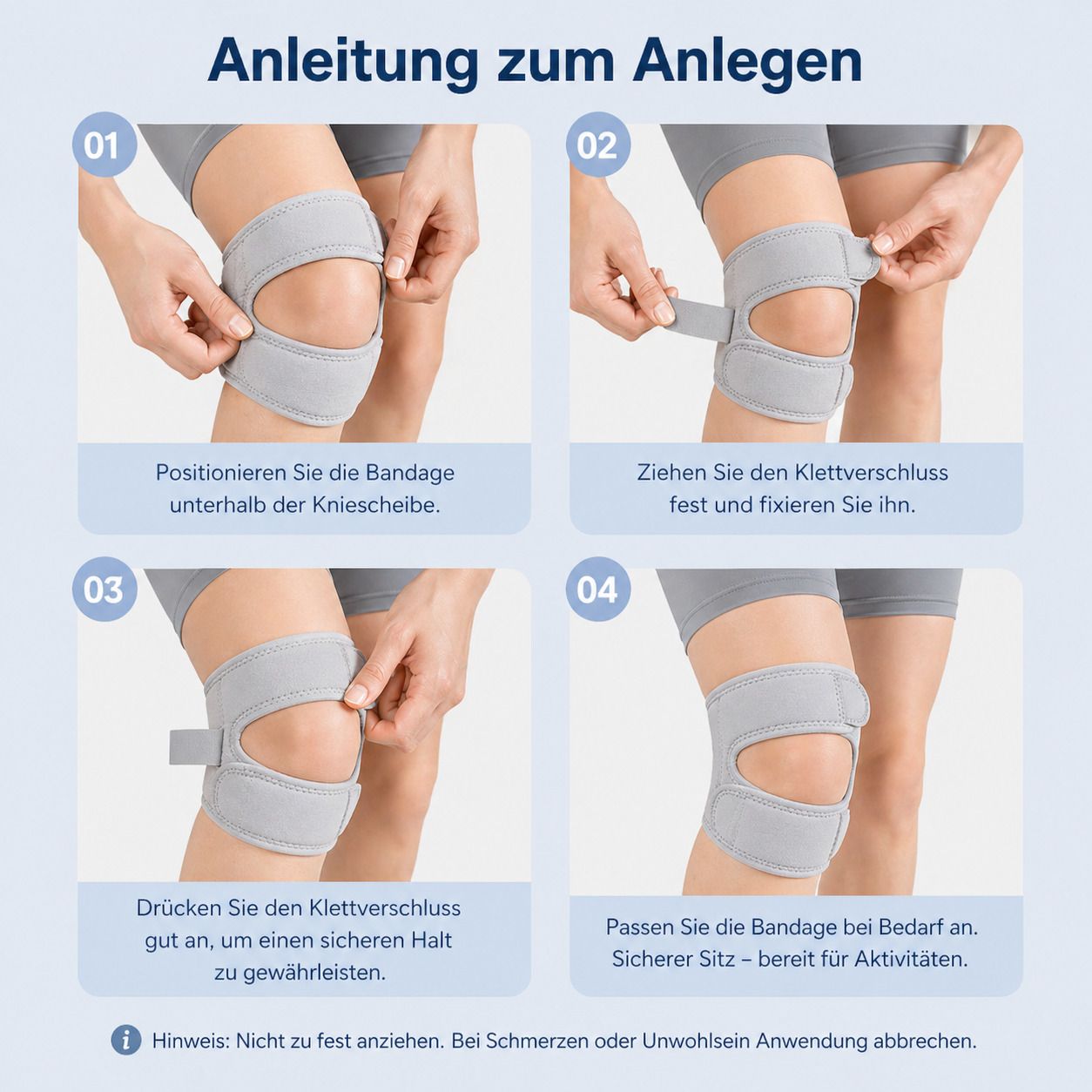 Anleitung zum Anlegen einer grauen Kniebandage. Vier Schritte mit Bildern und Text. Positionieren, festziehen, andrücken, anpassen.
