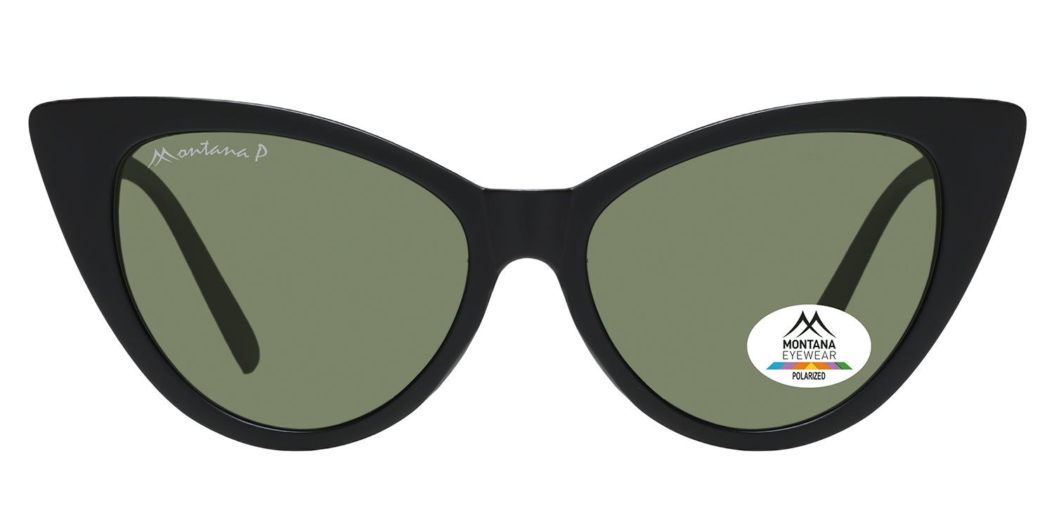 Schwarze Sonnenbrille mit grünen Gläsern. Montana Eyewear Logo auf dem Glas und Bügel. Polariertes Glas.