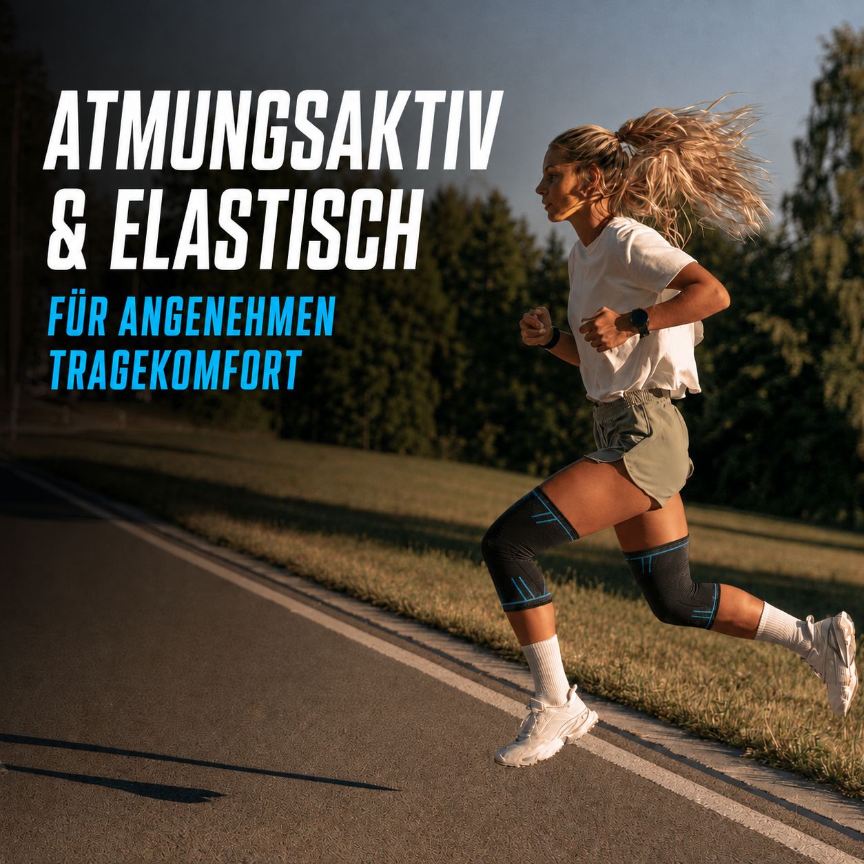 Läuferin mit AGILE NOW Kniebandagen, atmungsaktiv und elastisch.