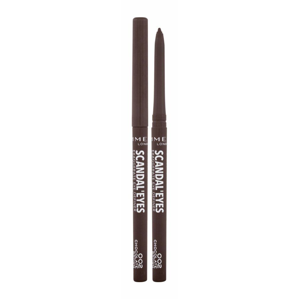 Brauner Rimmel London Scandaleyes Automatic Eyeliner. Zwei Stifte, einer mit Kappe, einer ohne. Aufschrift: Scandaleyes, Chocolate 002.