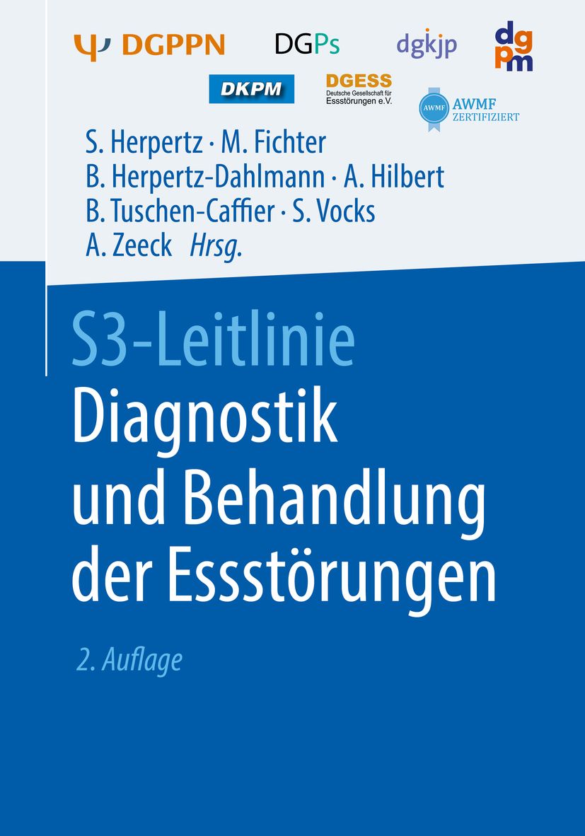 Buchcover: S3-Leitlinie Diagnostik und Behandlung der Essstörungen, 2. Auflage. Logos von DGPPN, DGPs, dgkjp, DKPM, DGESS, AWMF.