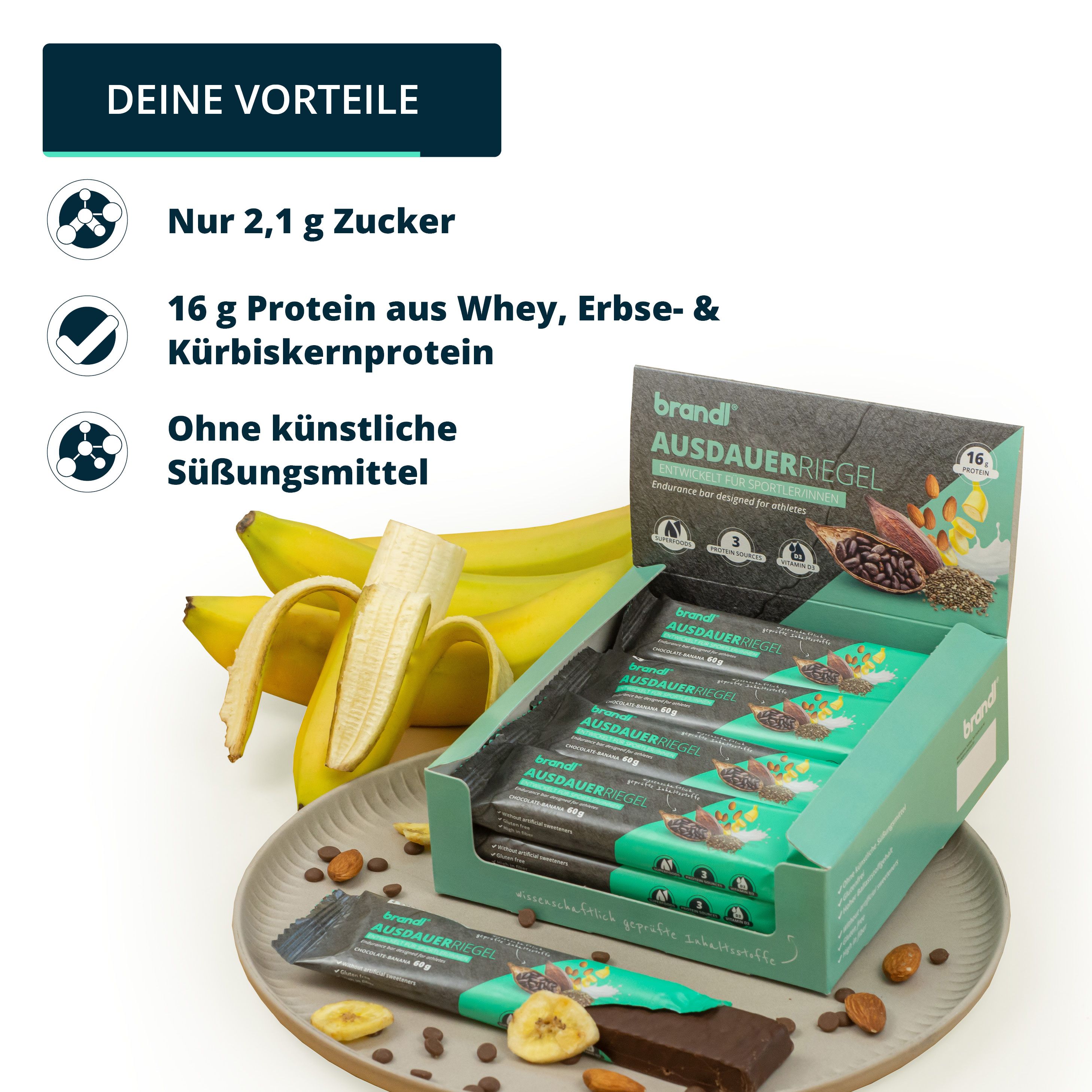 brandl® Eiweiß-Riegel für Sportler ohne künstl. Süßstoffe | Premium Proteinriegel mit 16g Eiweiß
