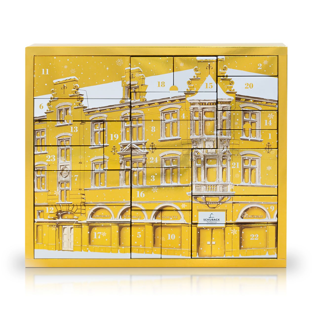 Adventskalender mit goldfarbenem Rahmen und Fassadenmotiv. 24 Türchen mit Zahlen. Schneeflocken-Dekor.