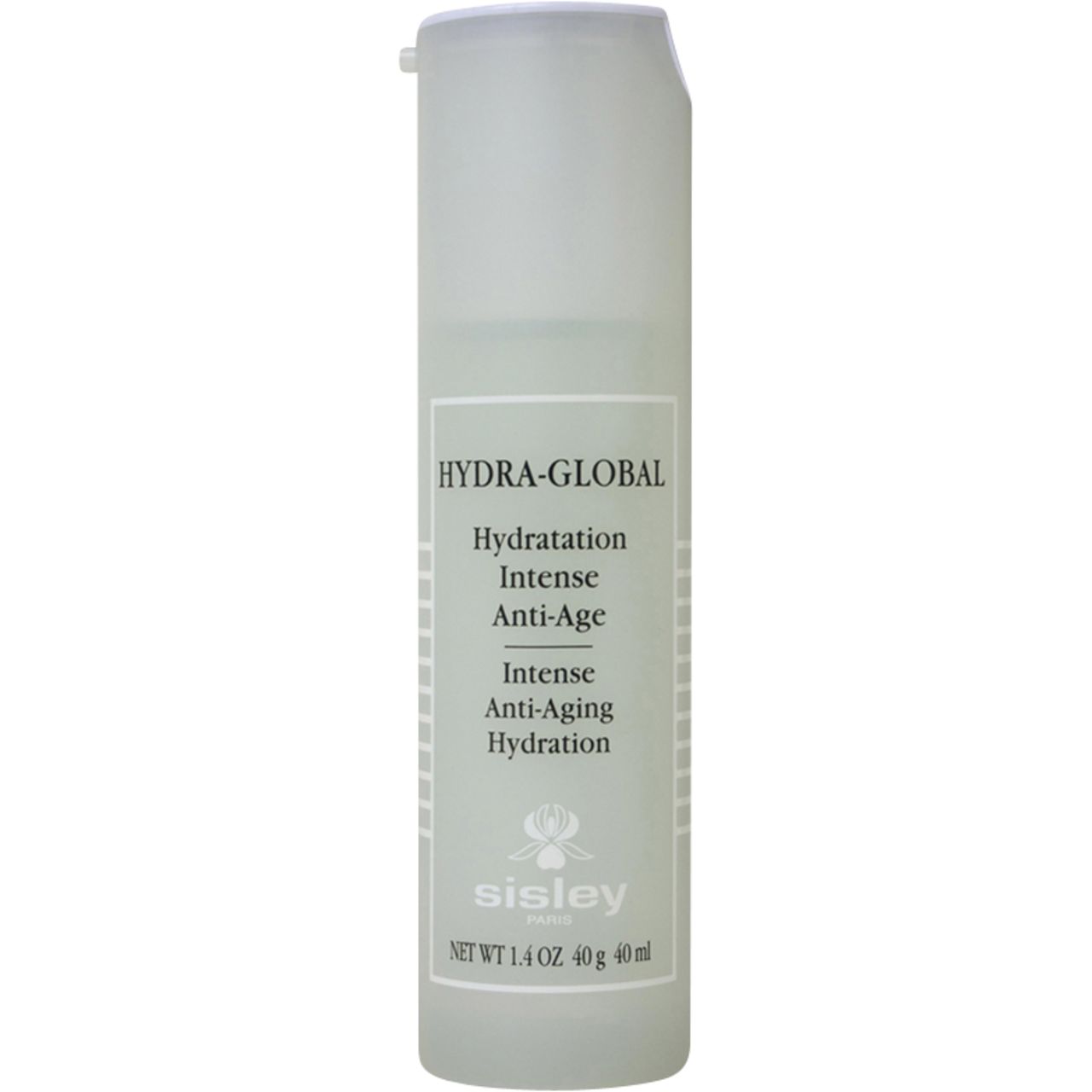 Sisley Hydra-Global. Weiße Flasche mit Deckel. Text: Hydra-Global, Hydratation Intense Anti-Age, Intense Anti-Aging Hydration. Marke Sisley.