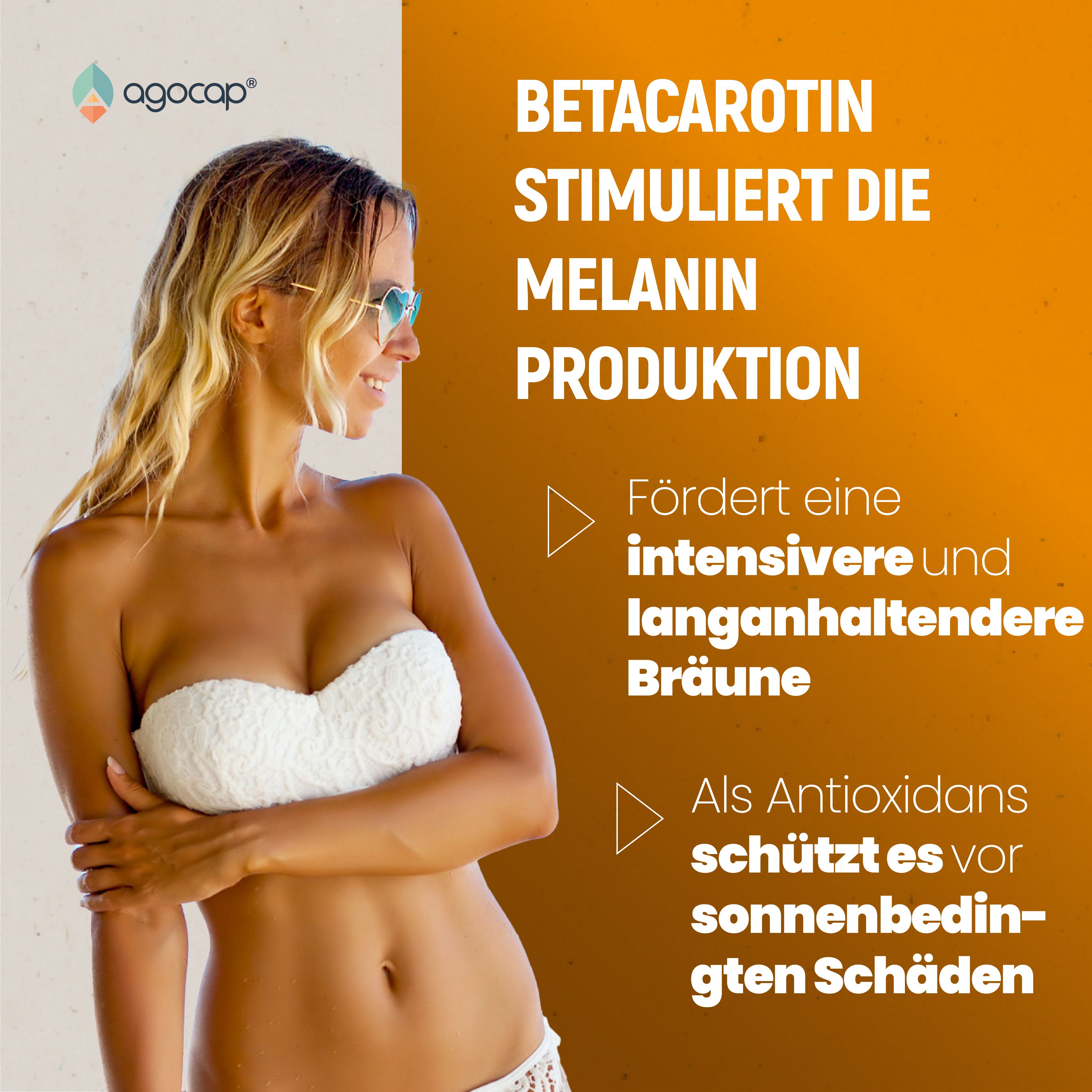 Werbebild mit Frau im Bikini. Text: BETACAROTIN STIMULIERT DIE MELANIN PRODUKTION. Fördert eine intensive Bräune.
