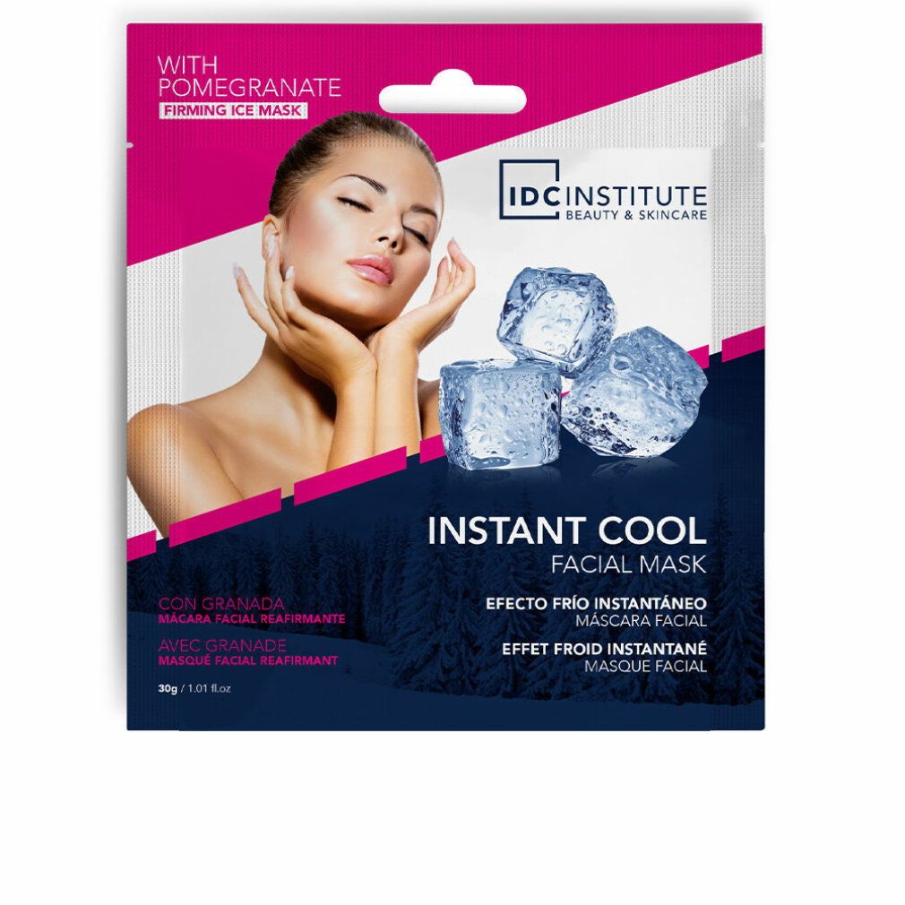 Gesichtsmaske in Verpackung. Aufdruck: IDC INSTITUTE, INSTANT COOL. Abgebildet: Frau, Eiswürfel. Text: With Pomegranate.