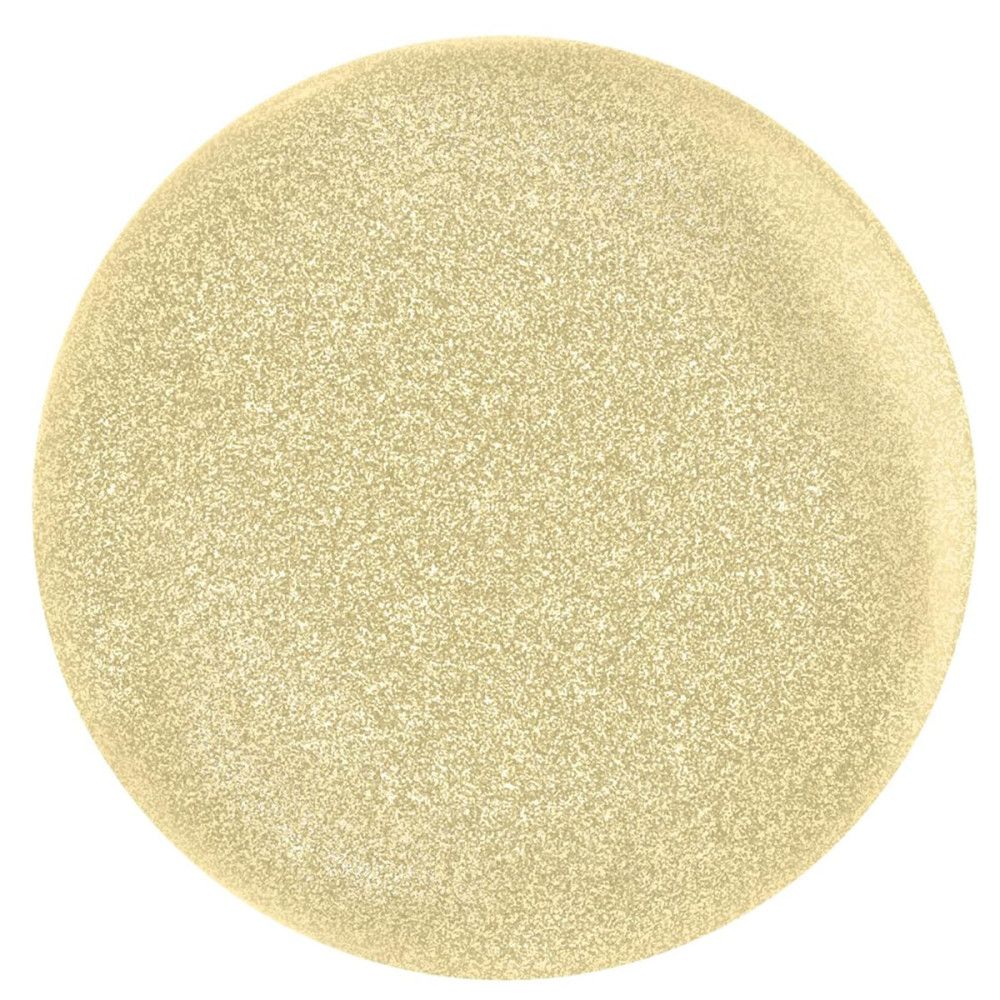 Runder, goldfarbener Nagellack. Die Oberfläche ist mit feinen Glitzerpartikeln bedeckt.