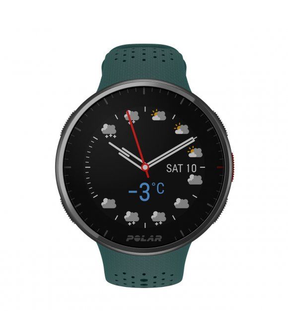 Fitness-Tracker mit grünem Armband. Rundes Display mit Wetteranzeige und Datum. Marke: POLAR.