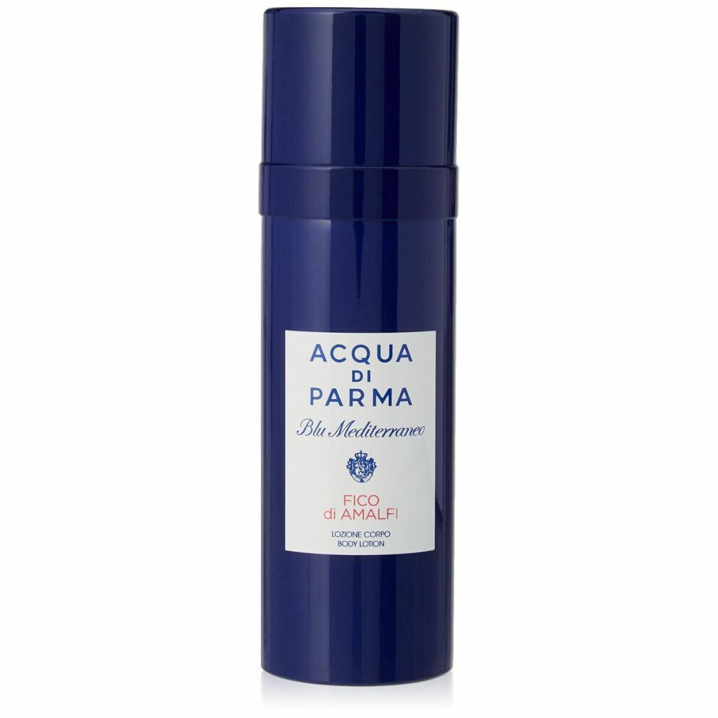 Blaue Körperlotion-Flasche mit weißem Etikett. Aufschrift: Acqua Di Parma, Fico di Amalfi, Body Lotion.