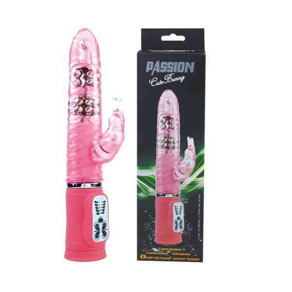 Rosa Vibrator mit Verpackung. Aufgedruckter Schriftzug: PASSION Cute Bunny. Produkt und Verpackung nebeneinander.