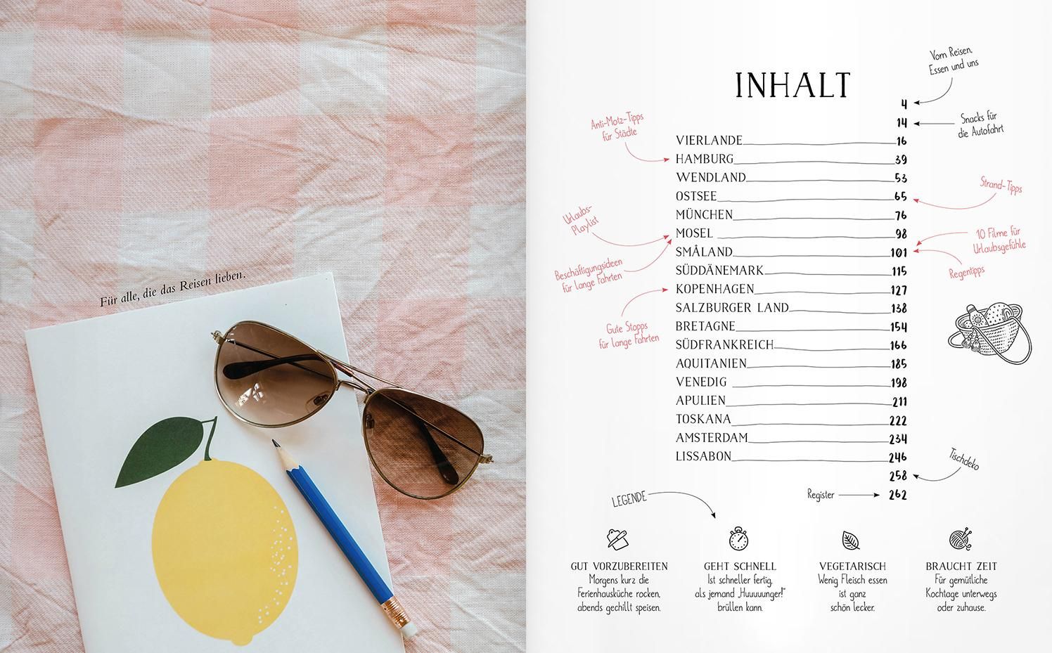 Buchseite mit Inhaltsverzeichnis. Sonnenbrille und Bleistift liegen auf einer Seite mit Zitrone-Illustration. Text in Deutsch.