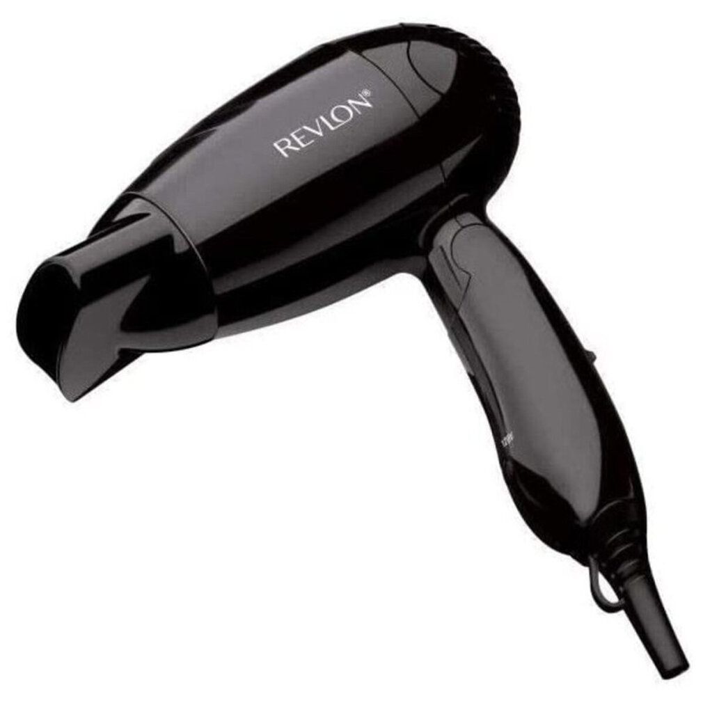 Schwarzer Haartrockner mit REVLON-Logo. Gebogene Form mit Griff und Düse. Auf weißem Hintergrund.