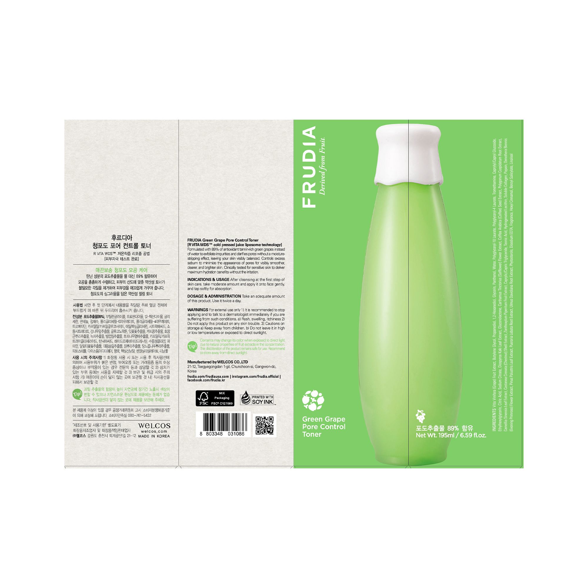 Frudia Trauben-Porenkontroll-Tonikum in grüner Flasche mit weißem Verschluss, auf Kartonverpackung.