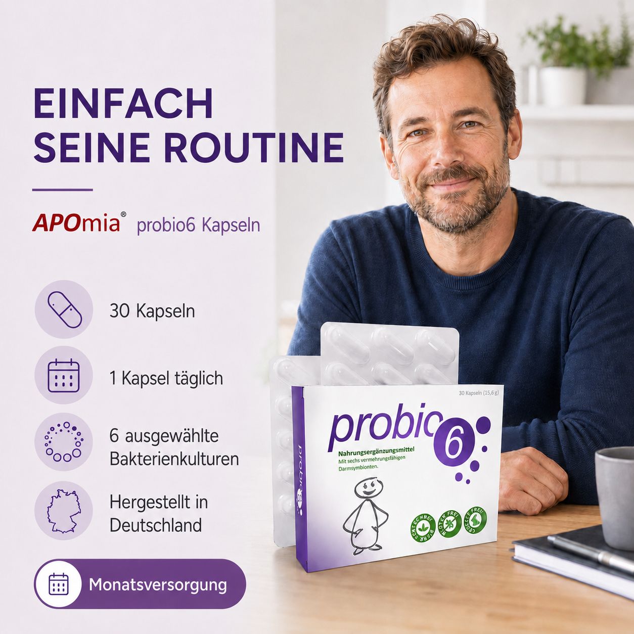 Mann lächelt, neben probio6 Kapsel-Verpackung und Informationen zur täglichen Routine.