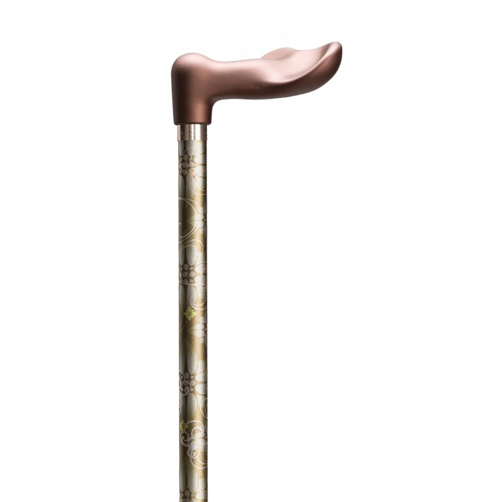 Gehstock mit braunem, ergonomischem Griff. Der Schaft ist mit floralen Mustern verziert.