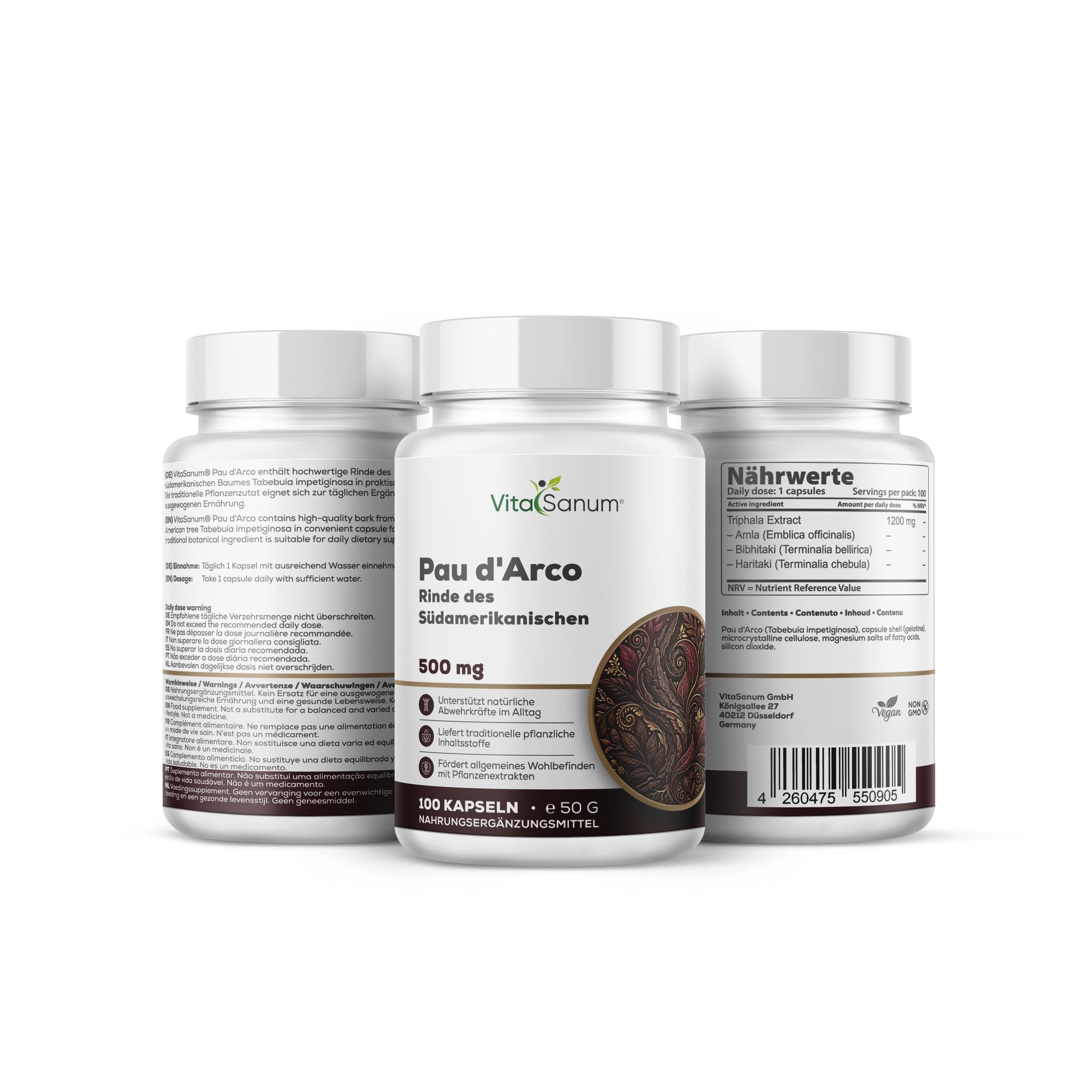 Drei Dosen VitaSanum® Pau d'Arco Kapseln, 500 mg. Eine Dose ist von vorne, zwei von der Seite.