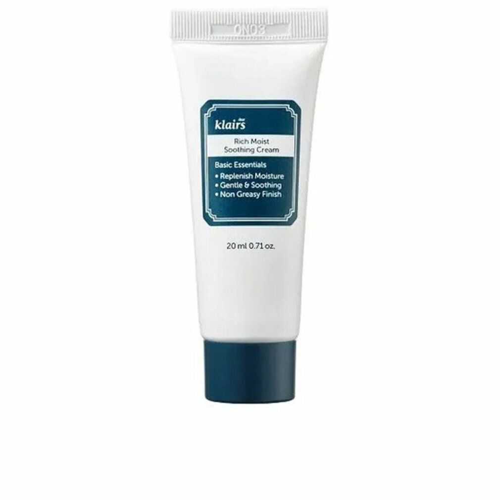 Weiße Tube mit blauem Deckel. Aufschrift: klairs Rich Moist Soothing Cream. 20 ml.