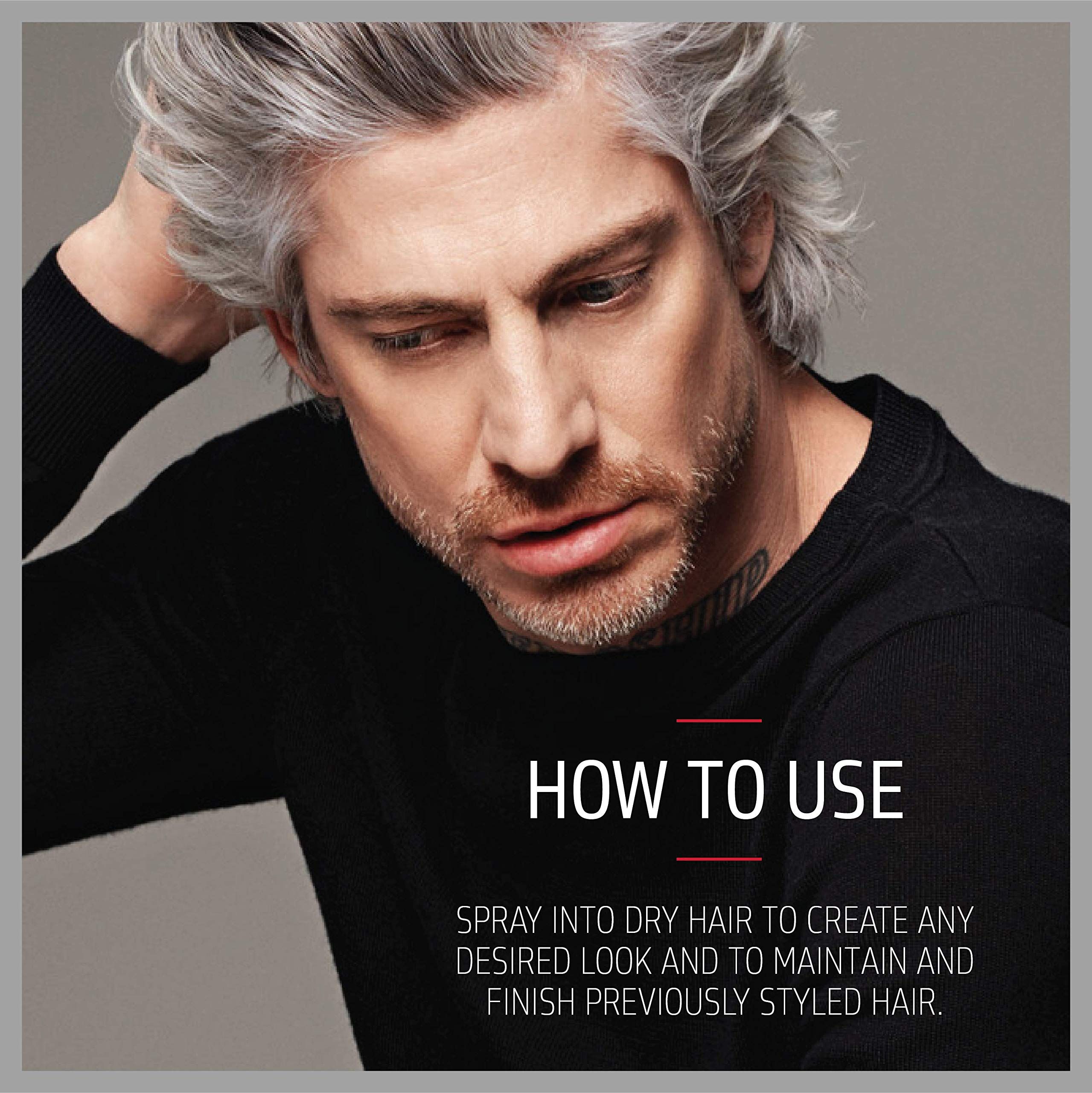 Mann mit grauen Haaren, der sich die Haare hält. Text: HOW TO USE. Sprühen auf trockenes Haar.