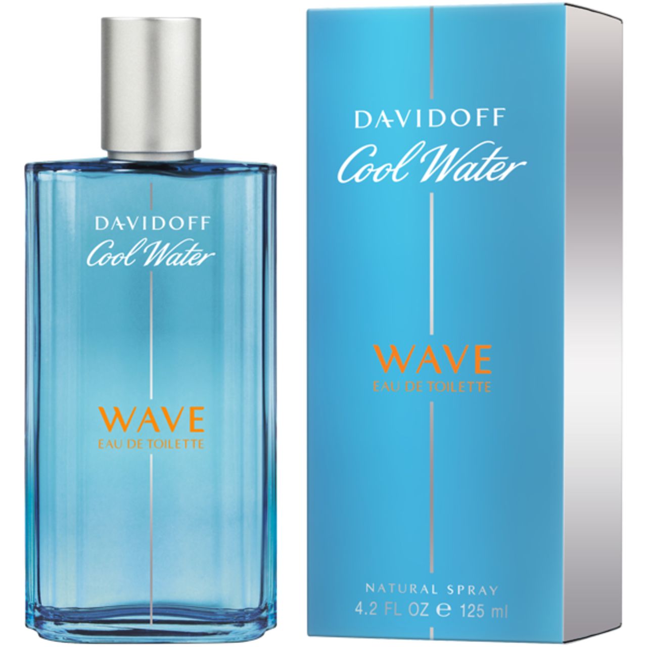 Davidoff Cool Water Wave E.d.T. Nat. Spray Flakon und Verpackung. Blaues Glas, silberner Verschluss, blaue Verpackung.
