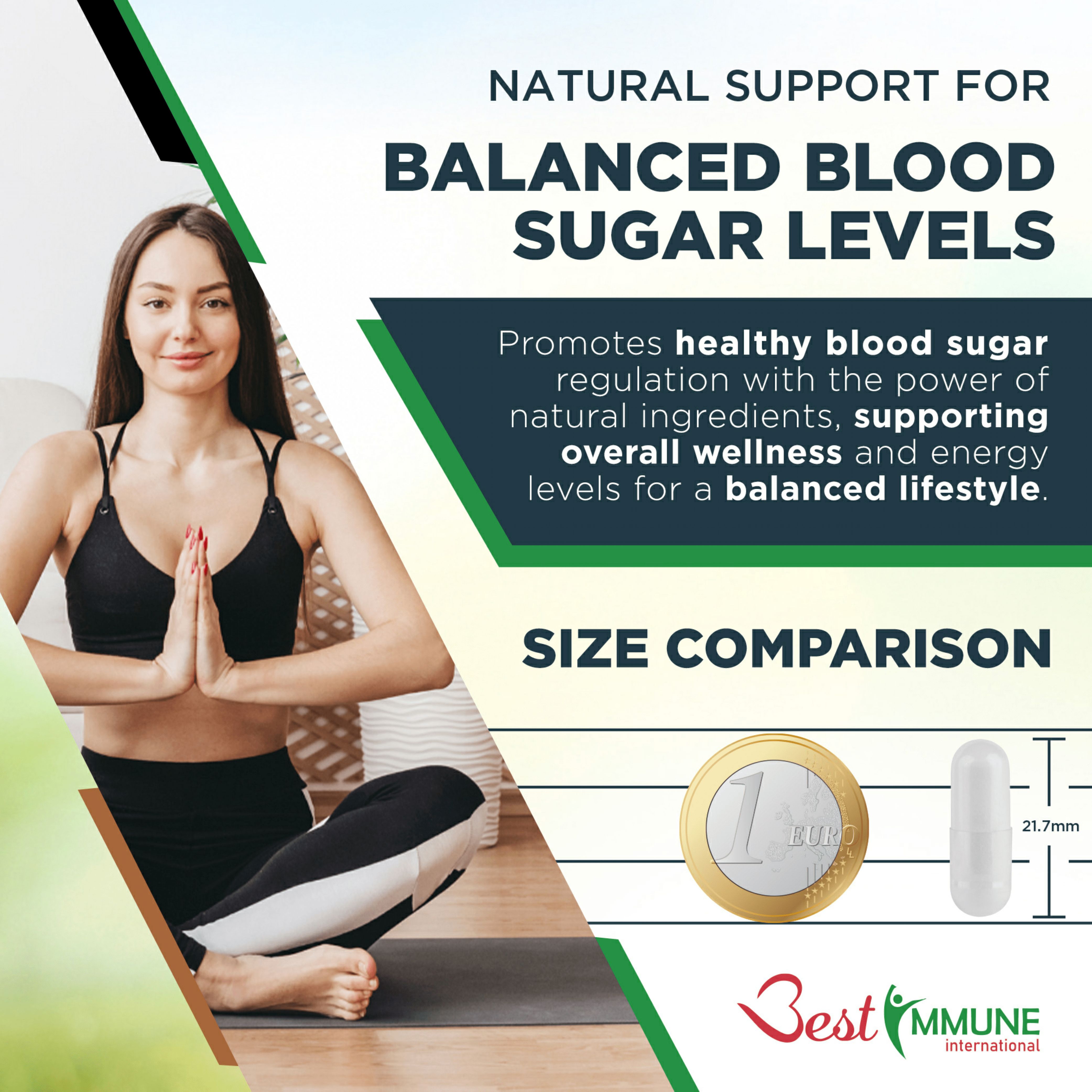 Frau sitzt und meditiert. Text: Natural Support for Balanced Blood Sugar Levels. Produktabbildung mit Kapsel und Euro-Münze.