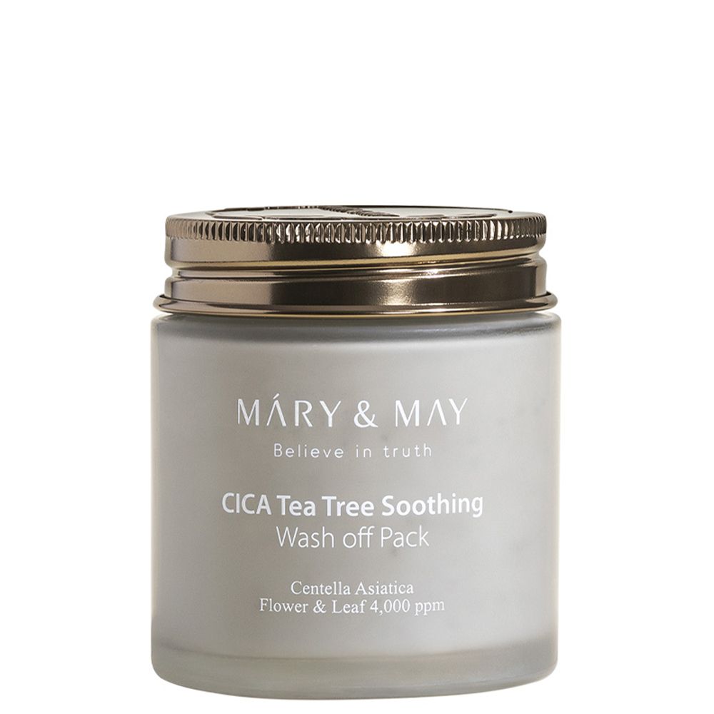 Mary & May CICA Tea Tree Soothing Wash off Pack in einem grauen Glasbehälter mit goldenem Deckel.
