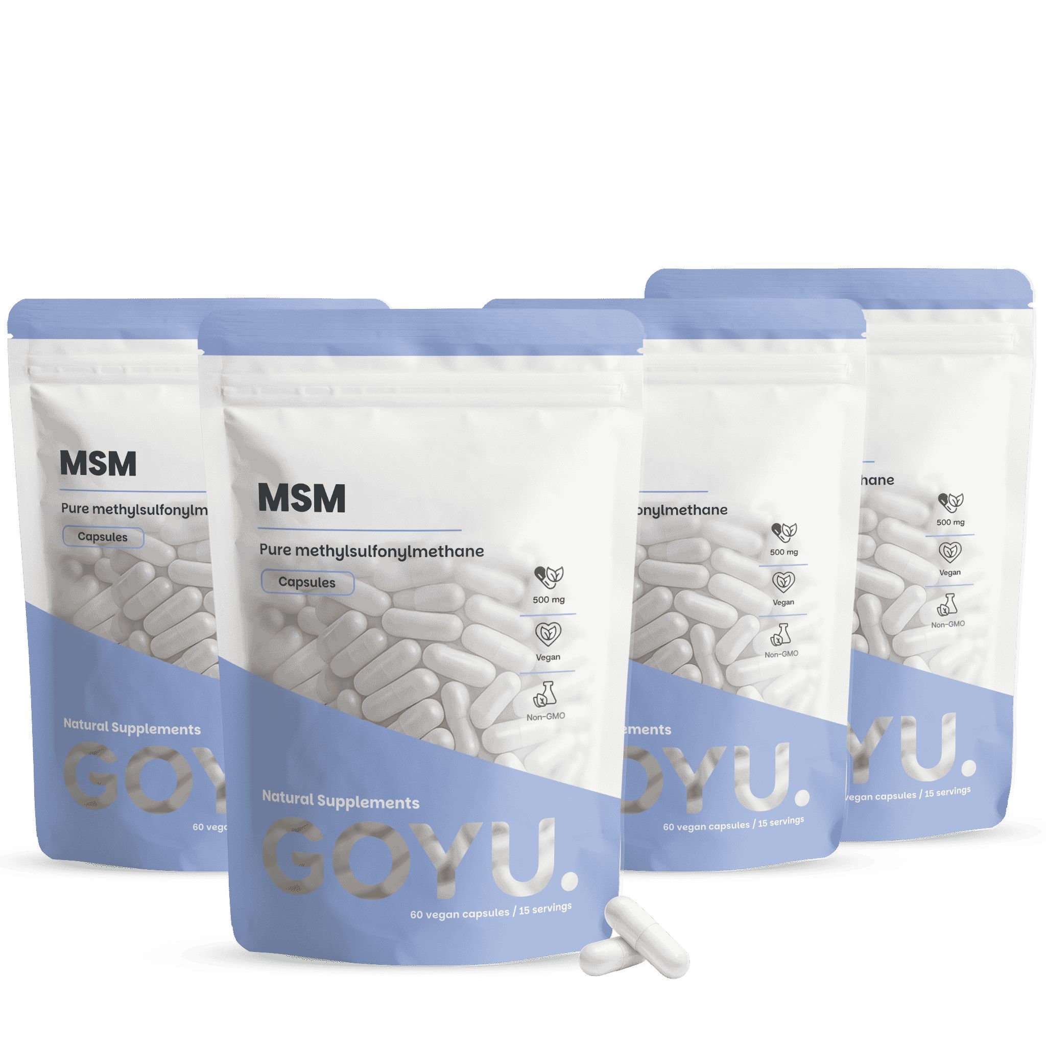 Vier Packungen GOYU MSM Kapseln, 60 Kapseln pro Packung. Enthält Methylsulfonylmethan, ist vegan und ohne Gentechnik.